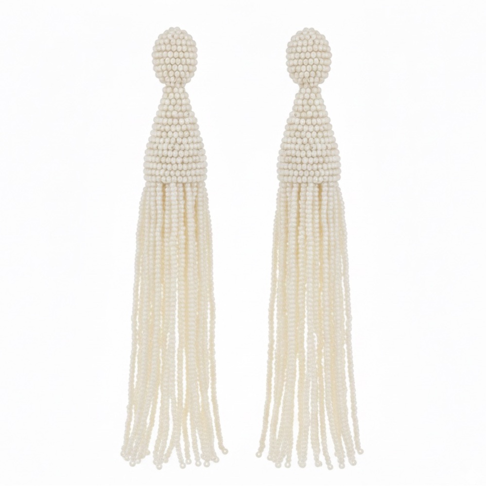 Oscar de la Renta Cream Beaded Tassel Earrings